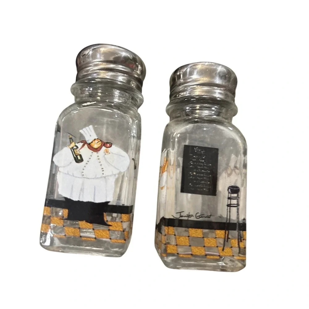 set of Bistro Italian Chef Salt & Pepper Shakers Glass & Metal Top